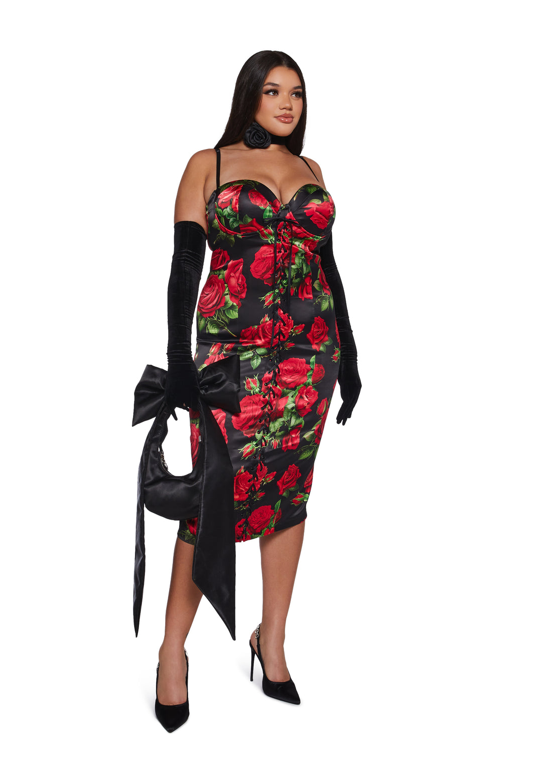 Rose Print Satin Midi Dress With Lace Ups Night Out Sugar Thrillz - Black - Image 9