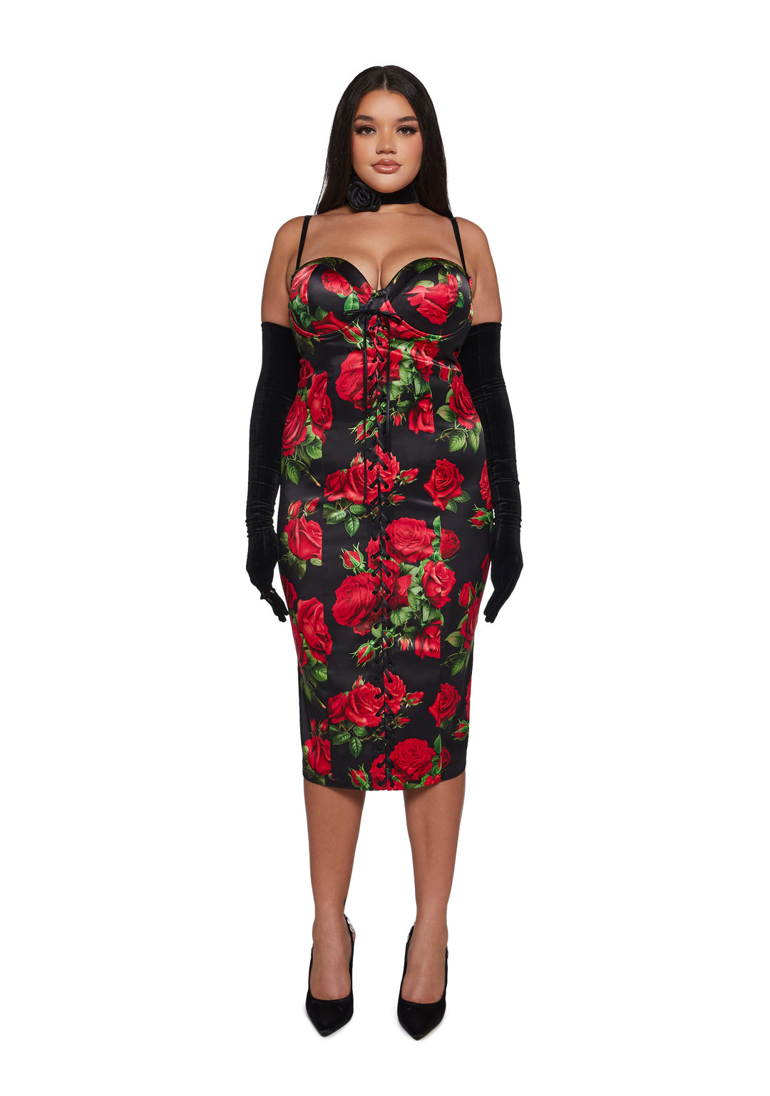 Rose Print Satin Midi Dress With Lace Ups Night Out Sugar Thrillz - Black - Image 2