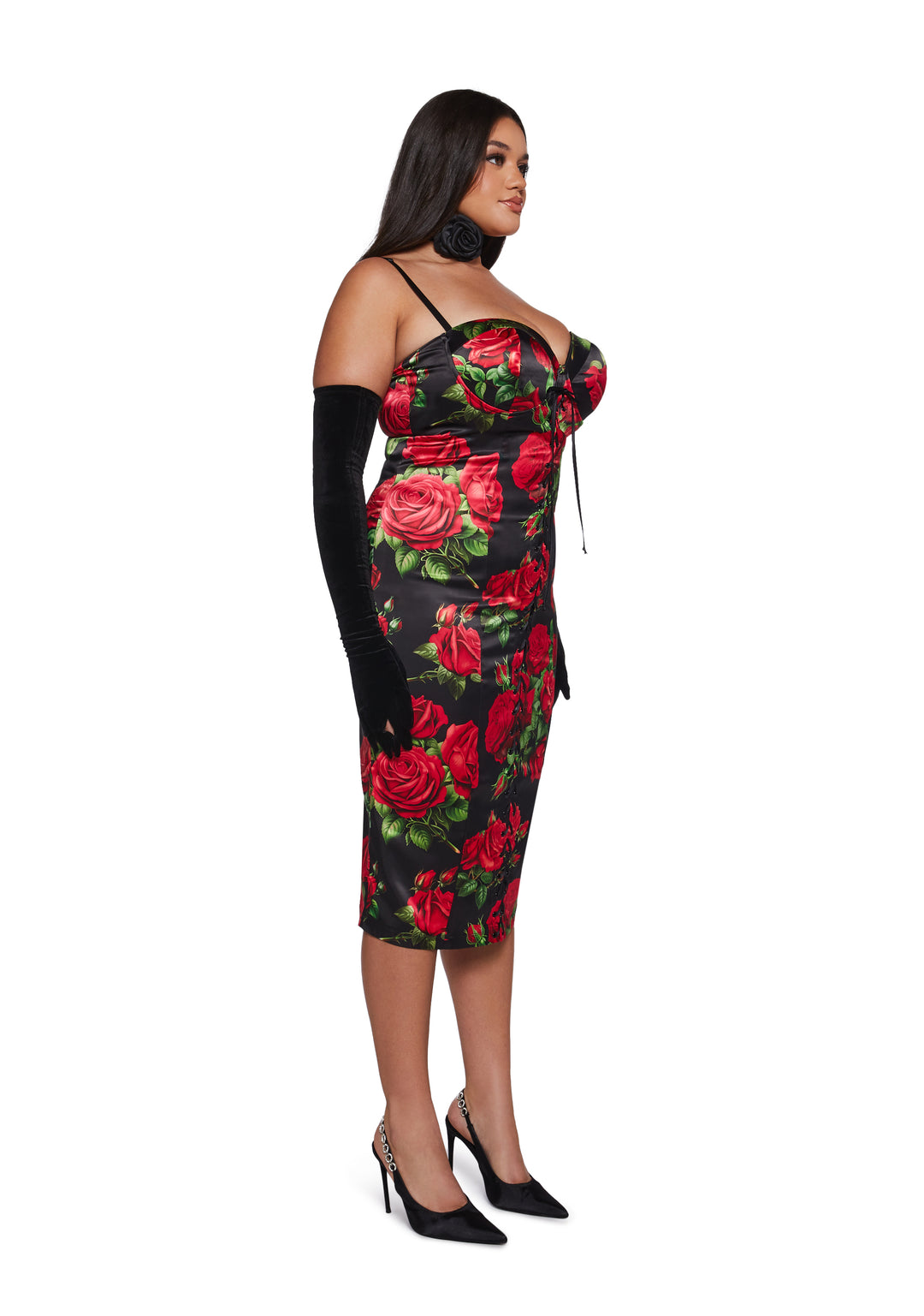 Rose Print Satin Midi Dress With Lace Ups Night Out Sugar Thrillz - Black - Image 8