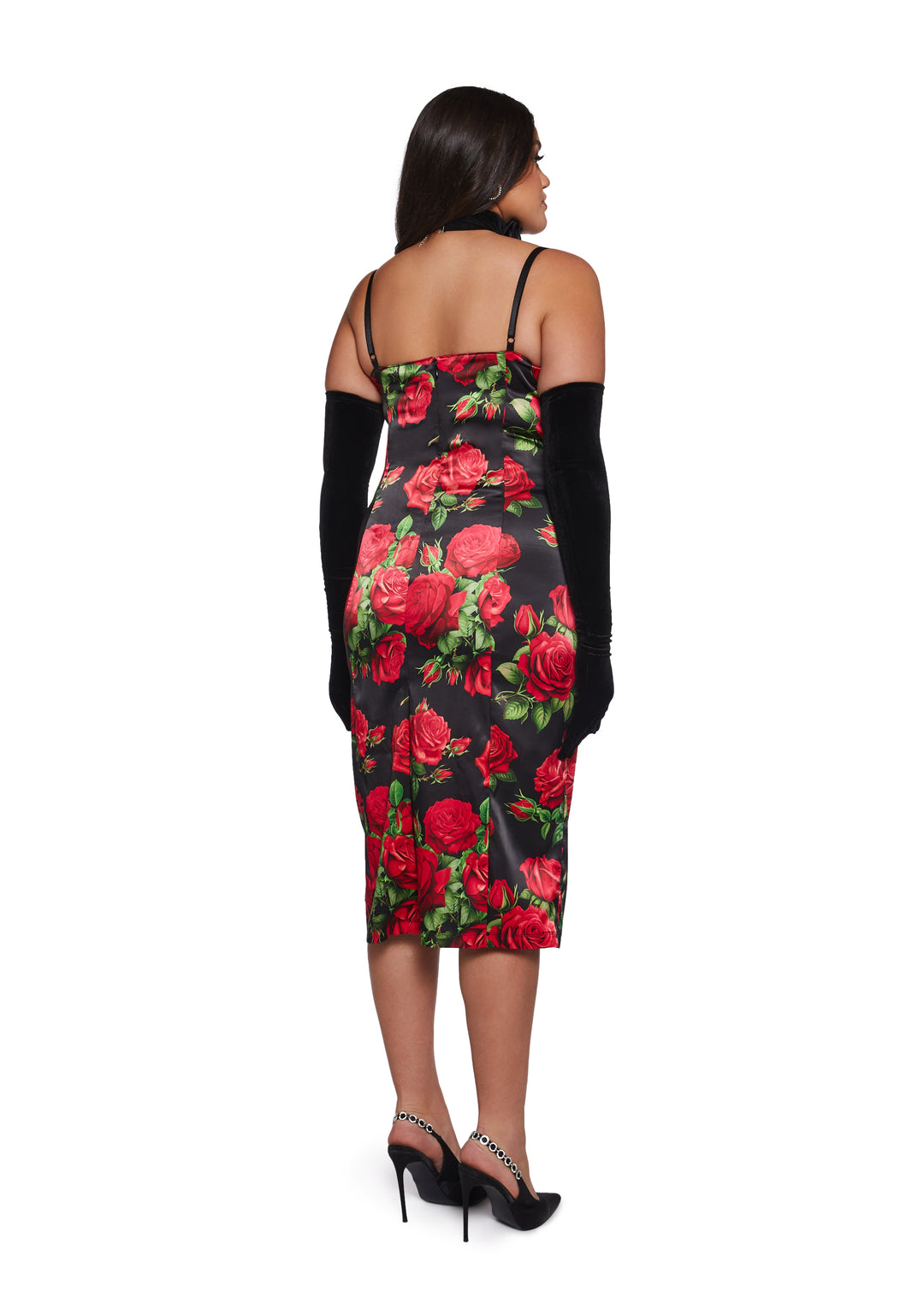 Rose Print Satin Midi Dress With Lace Ups Night Out Sugar Thrillz - Black - Image 11