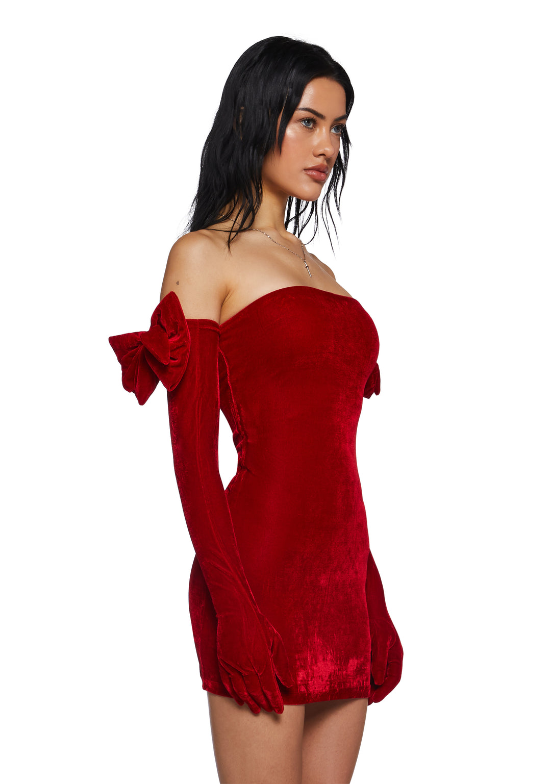 Womens Velour Mini Dress And Glove Set Sugar Thrillz - Red - Image 3