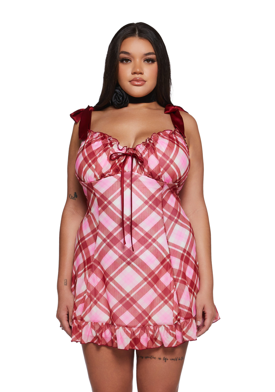 Stretchy Ruffled Plaid Knit Mini Dress Sugar Thrillz - Plaid - Image 2
