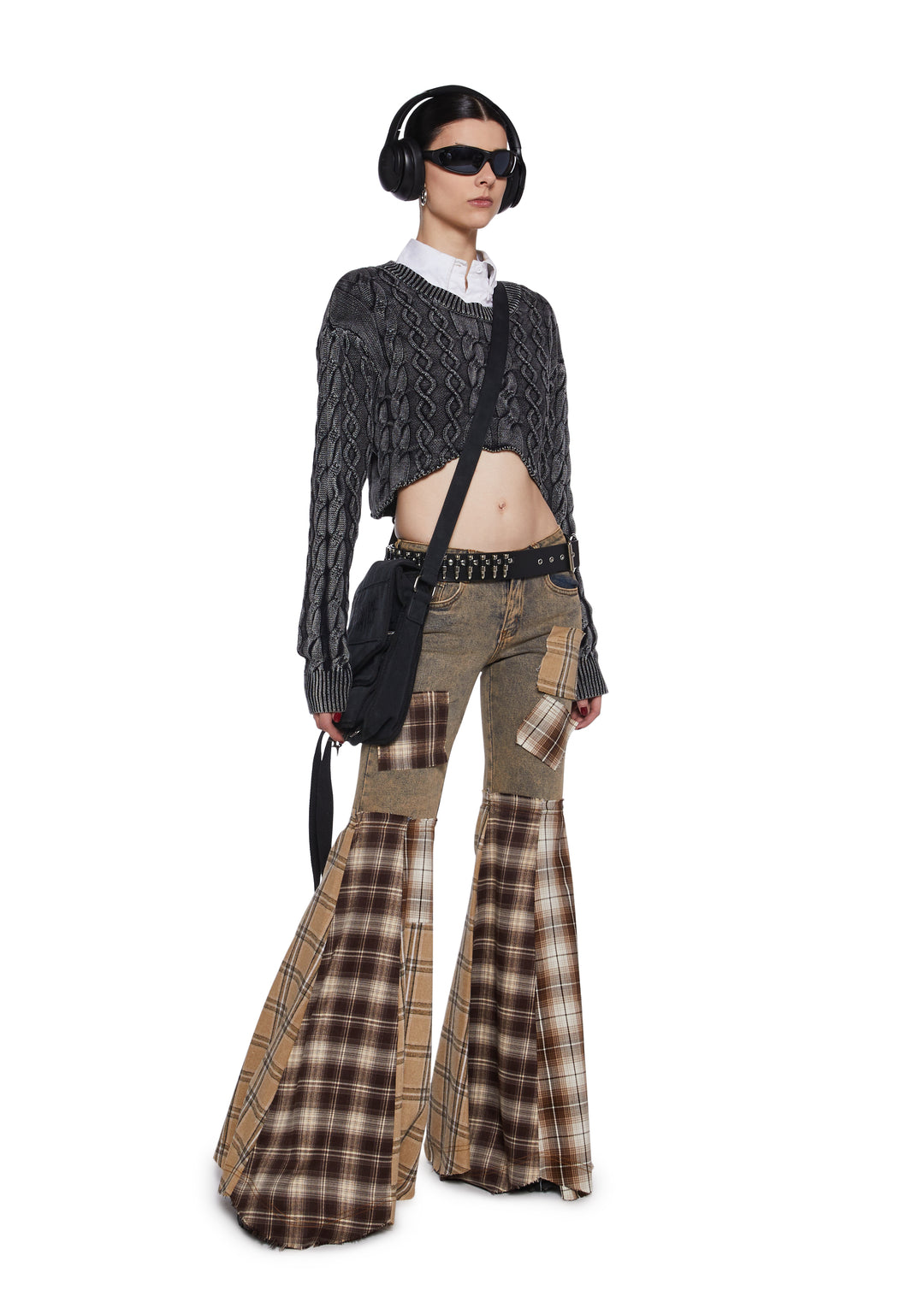 Washed Denim Plaid Patchwork Flare Pants Darker Wavs - Plaid - Image 4