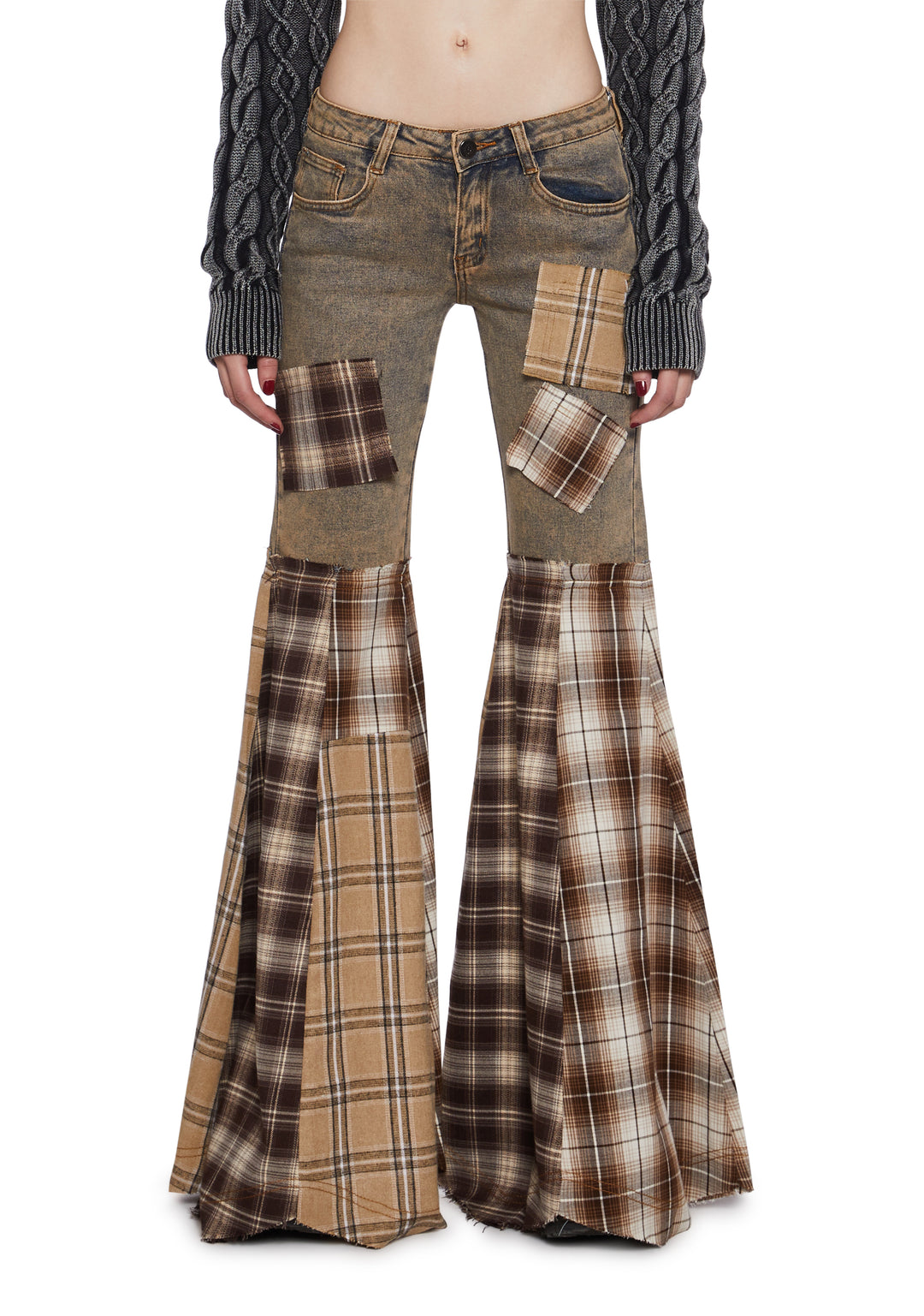 Washed Denim Plaid Patchwork Flare Pants Darker Wavs - Plaid
