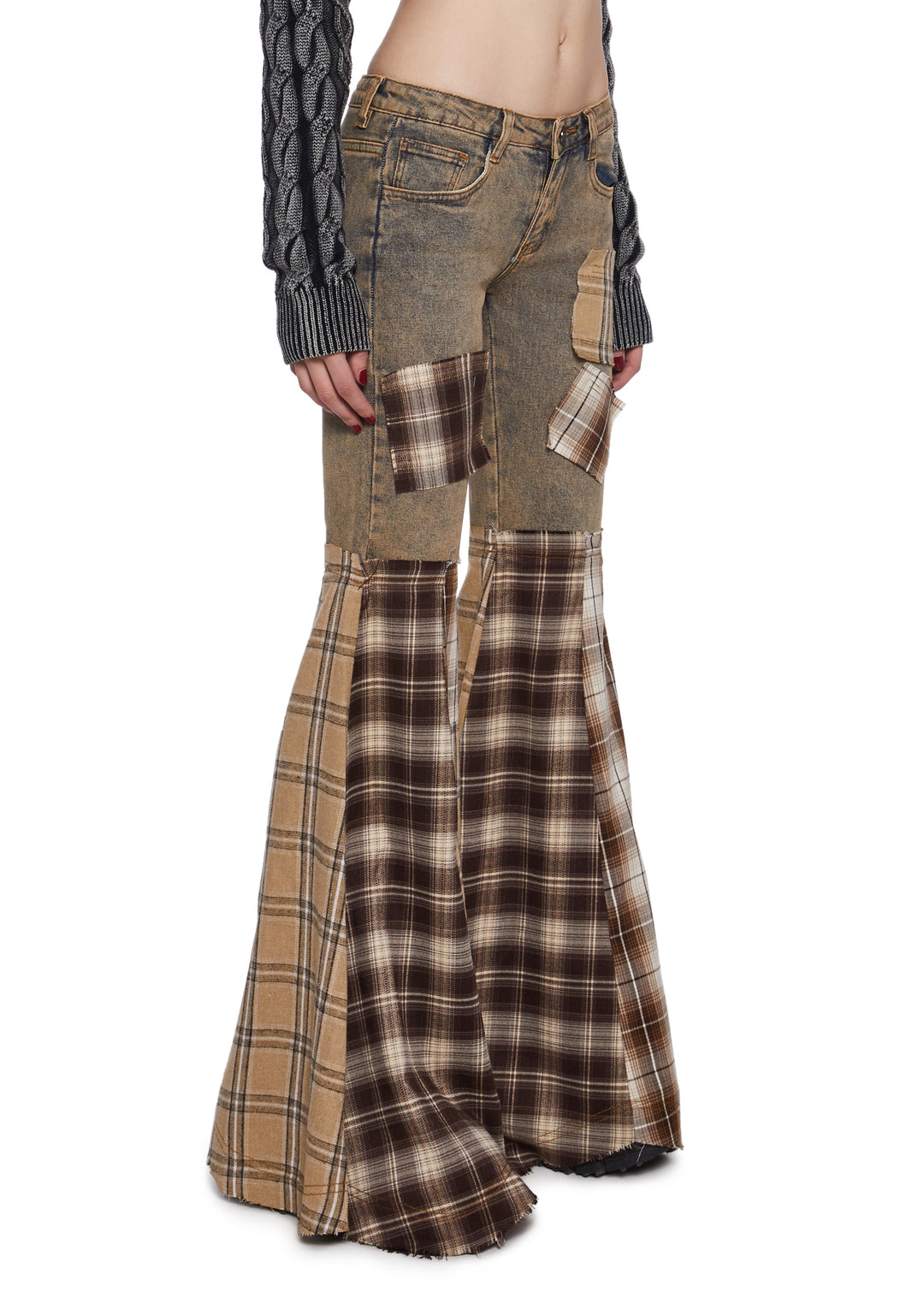 Washed Denim Plaid Patchwork Flare Pants Darker Wavs - Plaid - Image 2