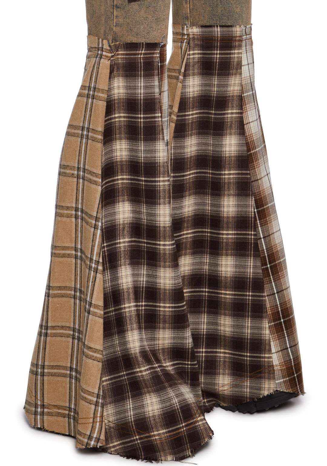 Washed Denim Plaid Patchwork Flare Pants Darker Wavs - Plaid - Image 5