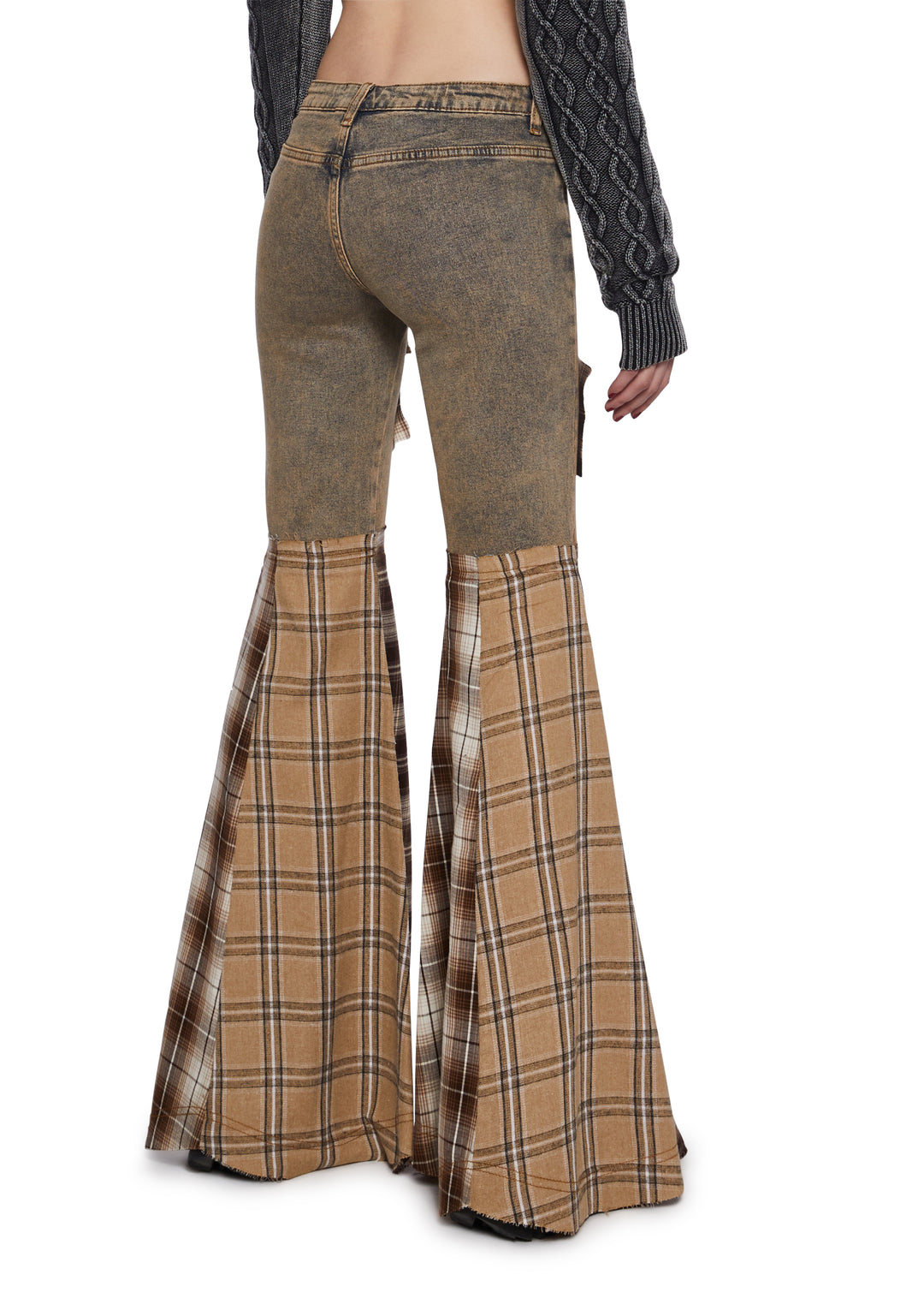 Washed Denim Plaid Patchwork Flare Pants Darker Wavs - Plaid - Image 3