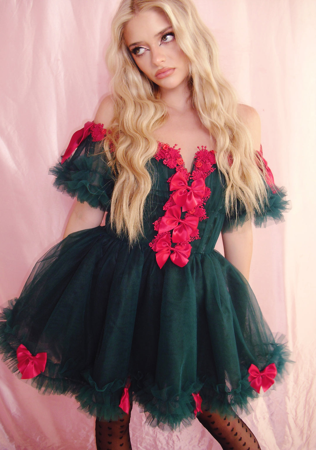 Womens Tulle Off The Shoulder Mini Dress With Bows Christmas Sugar Thrillz - Green - Image 6