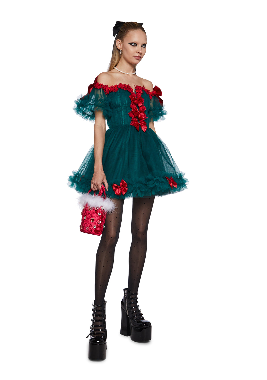 Womens Tulle Off The Shoulder Mini Dress With Bows Christmas Sugar Thrillz - Green - Image 2