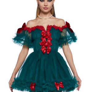 Womens Tulle Off The Shoulder Mini Dress With Bows Christmas Sugar Thrillz - Green