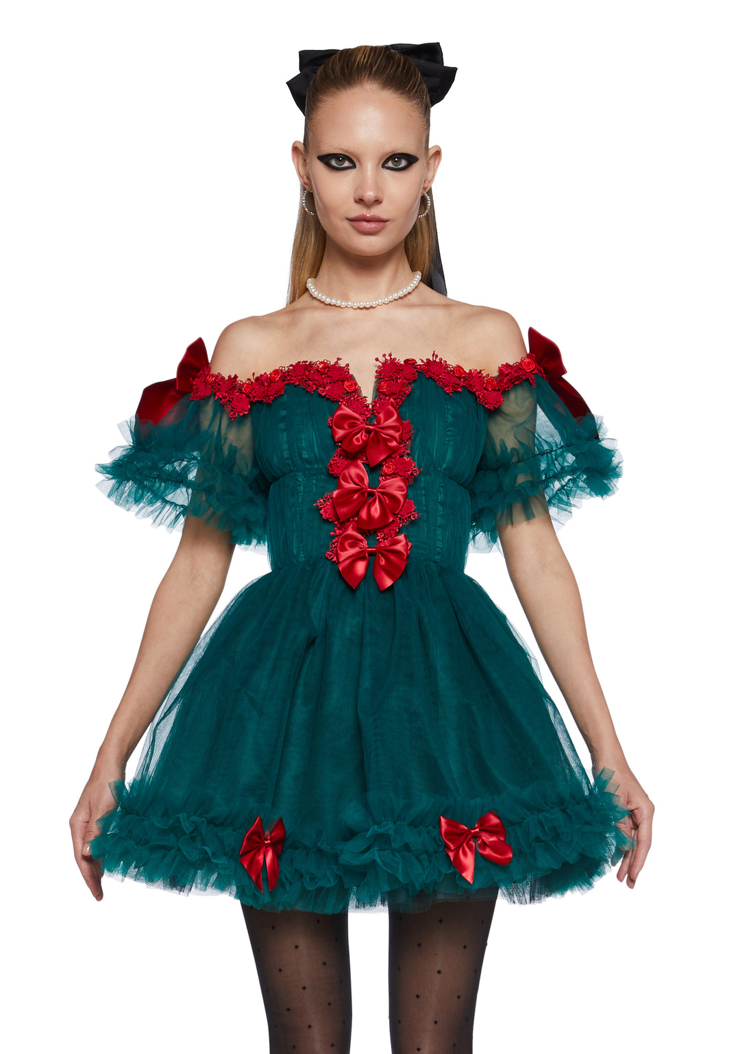 Womens Tulle Off The Shoulder Mini Dress With Bows Christmas Sugar Thrillz - Green