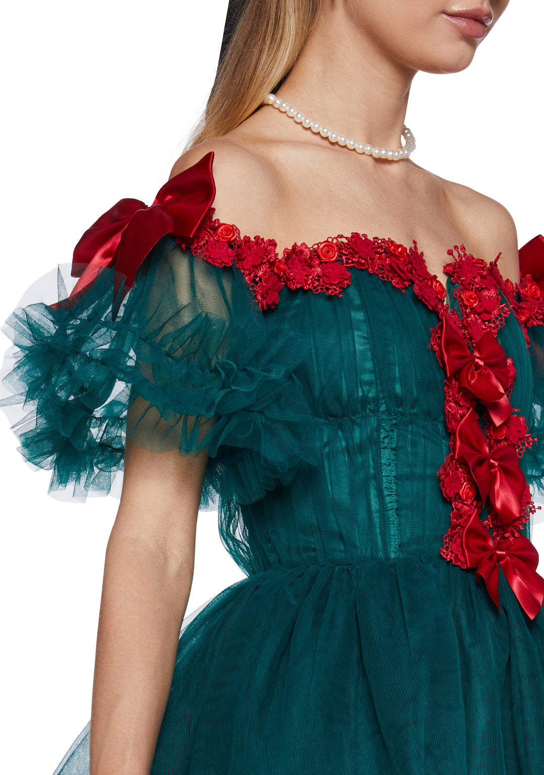 Womens Tulle Off The Shoulder Mini Dress With Bows Christmas Sugar Thrillz - Green - Image 7