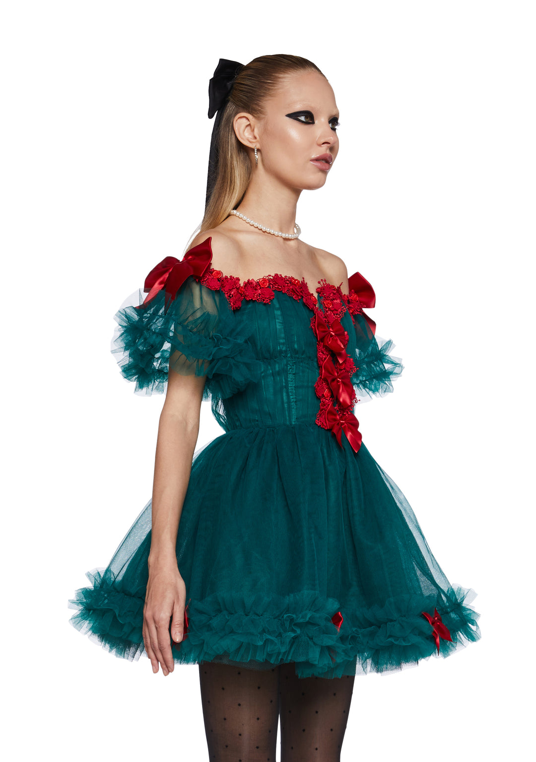 Womens Tulle Off The Shoulder Mini Dress With Bows Christmas Sugar Thrillz - Green - Image 3