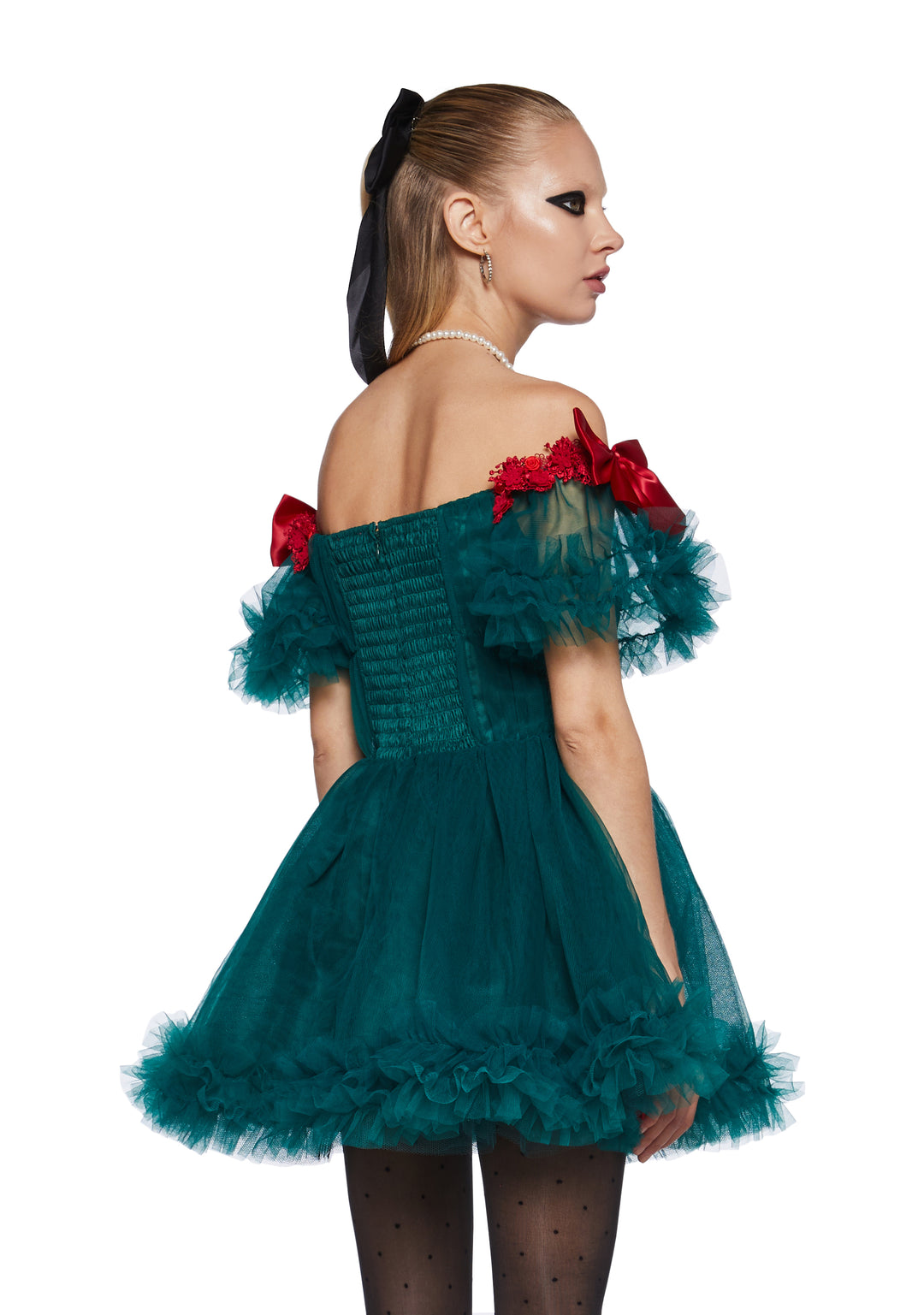 Womens Tulle Off The Shoulder Mini Dress With Bows Christmas Sugar Thrillz - Green - Image 4