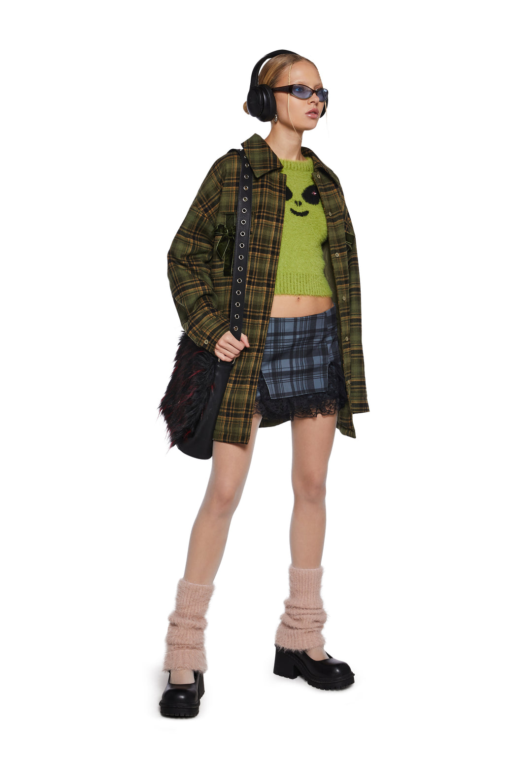 Double Slit Plaid Lace Mini Skort Delia's - Gray - Image 2