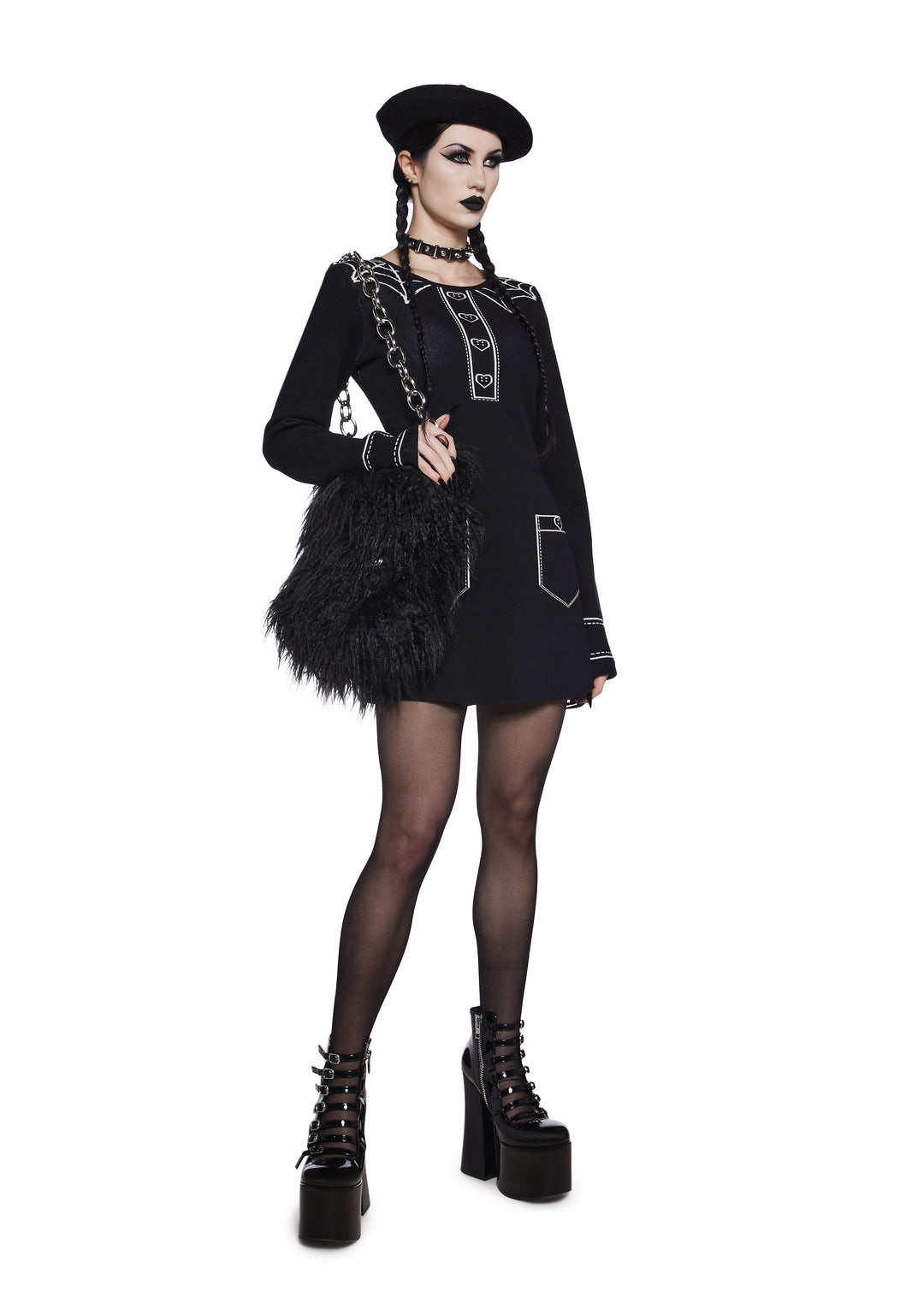 Womens Sexy Intarsia Graphic Mini Knit Dress The Grave Girls - Black - Image 2