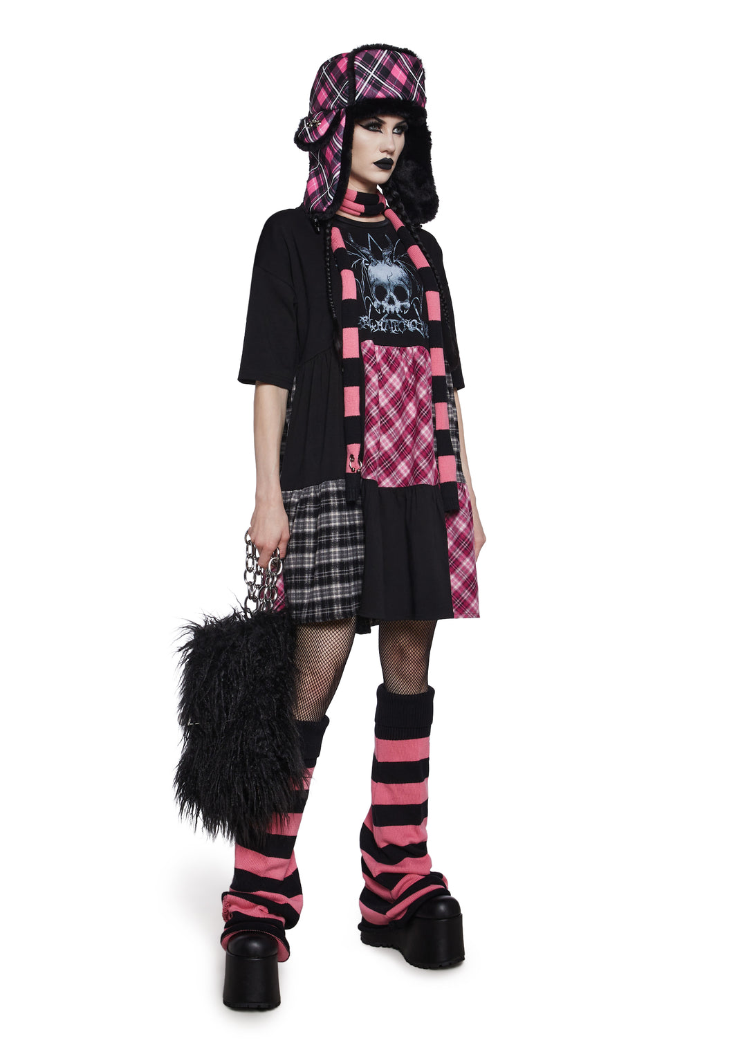 The Grave Girls Lace Stretchy Knit Plaid Patchwork Babydoll Dress - Multi - Image 2