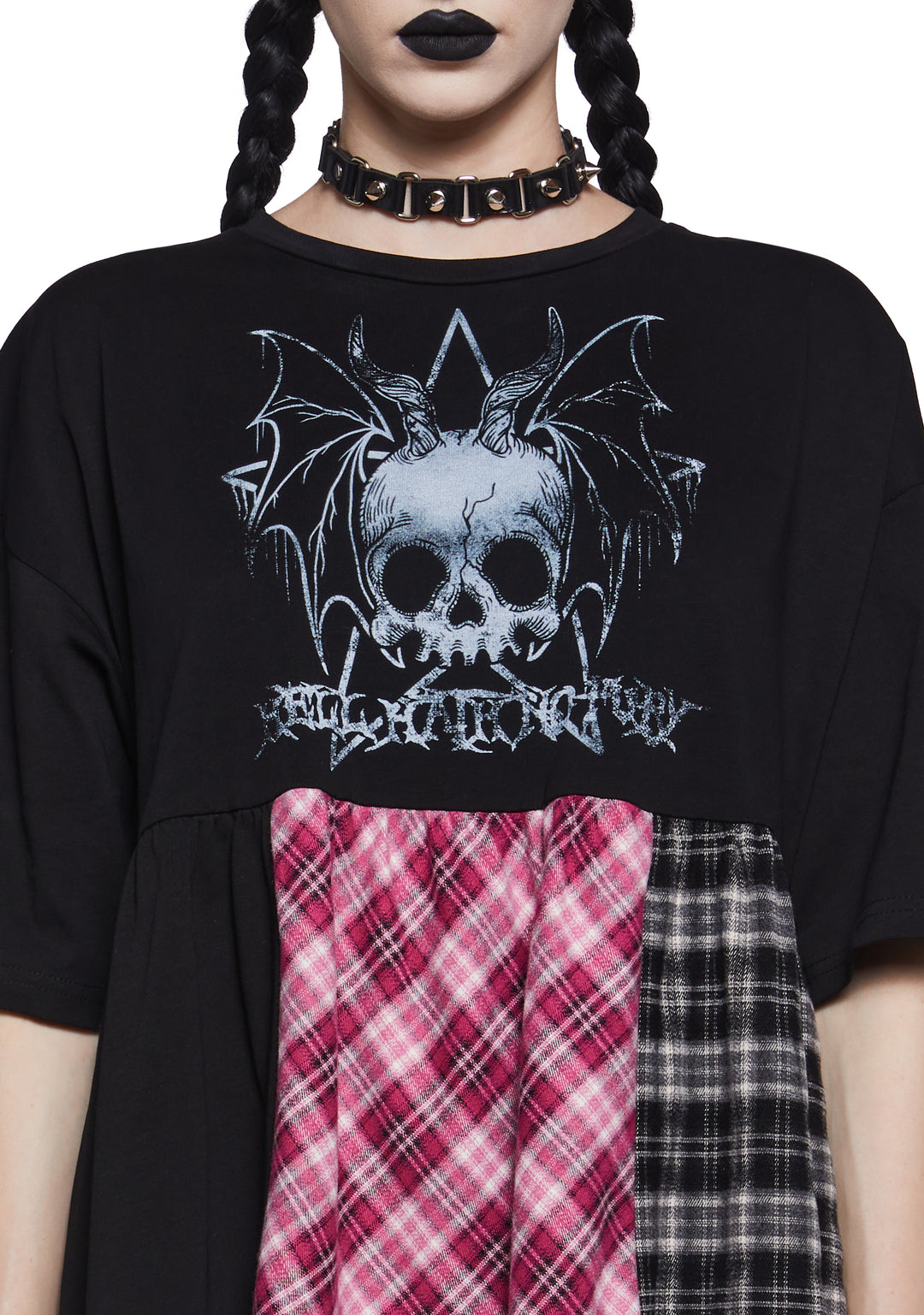 The Grave Girls Lace Stretchy Knit Plaid Patchwork Babydoll Dress - Multi - Image 5