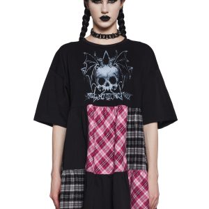 The Grave Girls Lace Stretchy Knit Plaid Patchwork Babydoll Dress - Multi