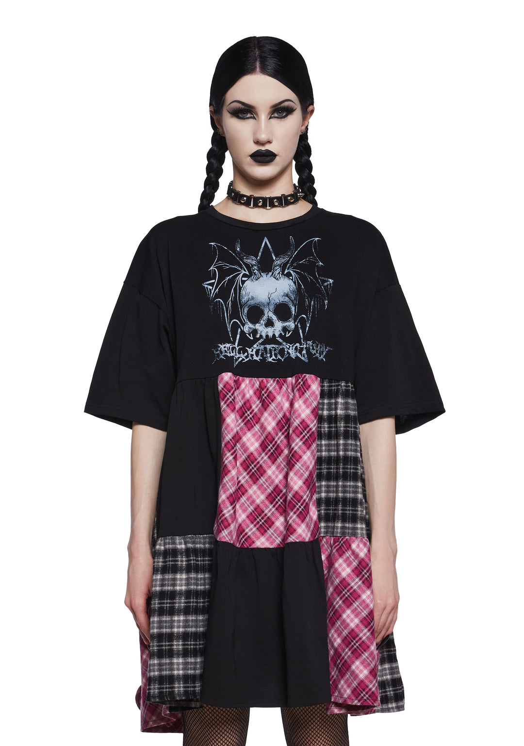 The Grave Girls Lace Stretchy Knit Plaid Patchwork Babydoll Dress - Multi