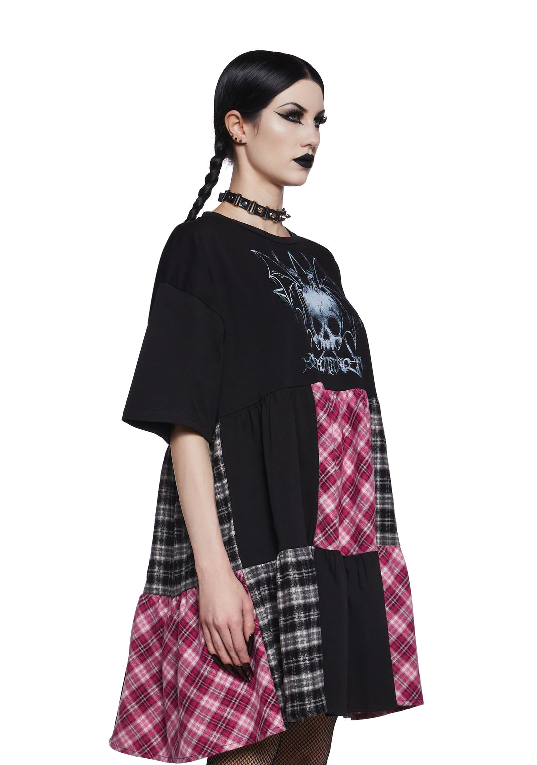 The Grave Girls Lace Stretchy Knit Plaid Patchwork Babydoll Dress - Multi - Image 3