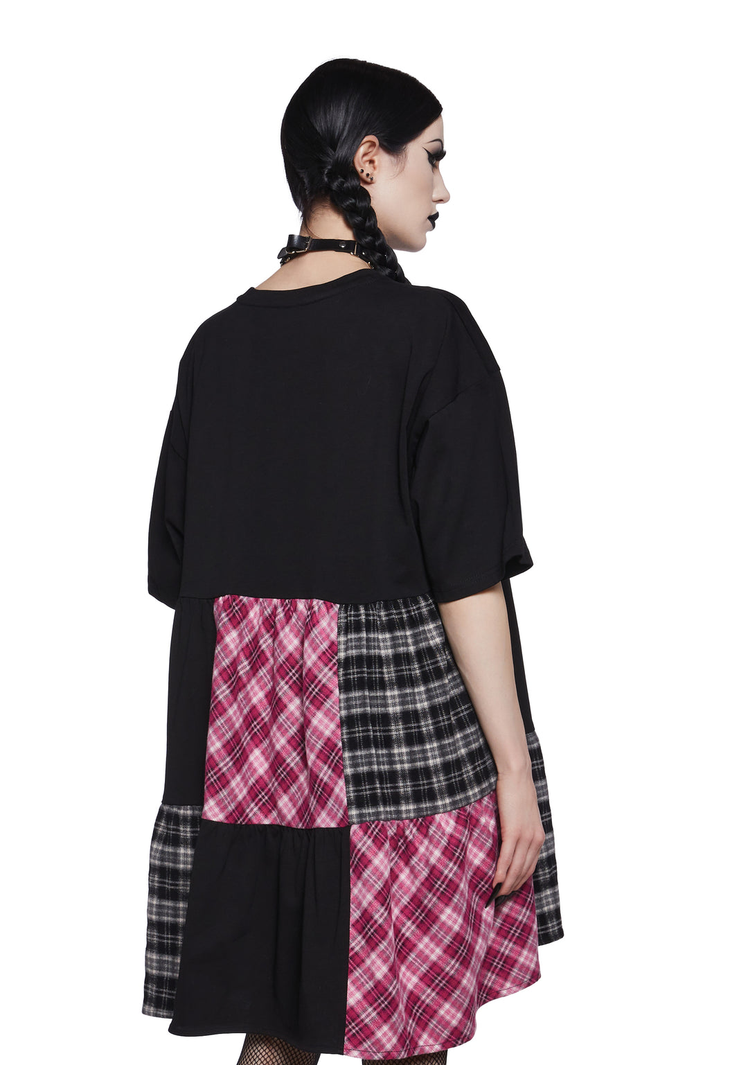 The Grave Girls Lace Stretchy Knit Plaid Patchwork Babydoll Dress - Multi - Image 4