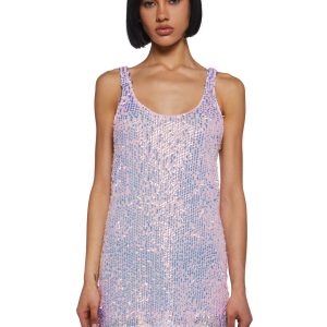 Womens Sexy Sequin Holographic Mini Shift Dress Club Exx - Pink