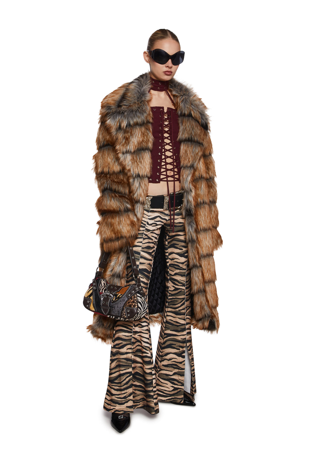 Twill Lace-up Grommet Corset Top Current Mood - Dark Red - Image 2