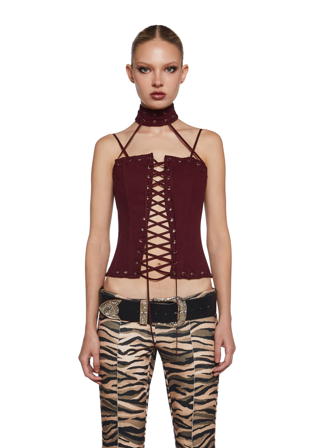Twill Lace-up Grommet Corset Top Current Mood - Dark Red