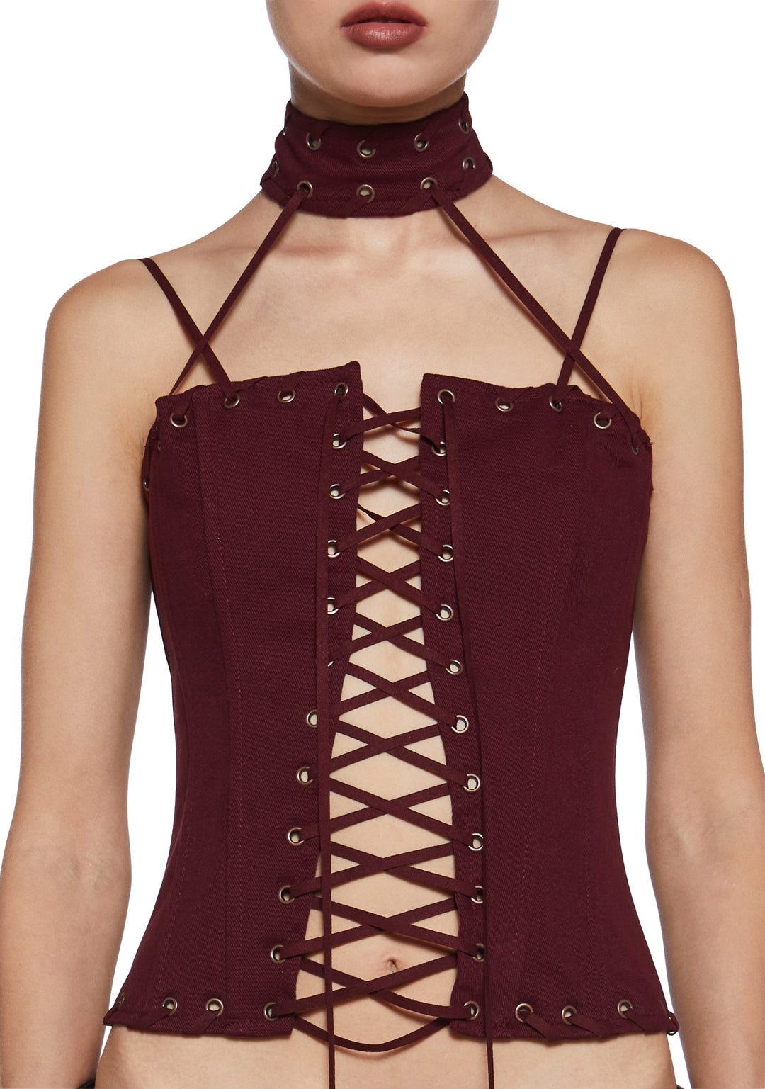 Twill Lace-up Grommet Corset Top Current Mood - Dark Red - Image 5