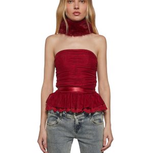 Womens Mesh Lace Corset Strapless Top Current Mood - Red