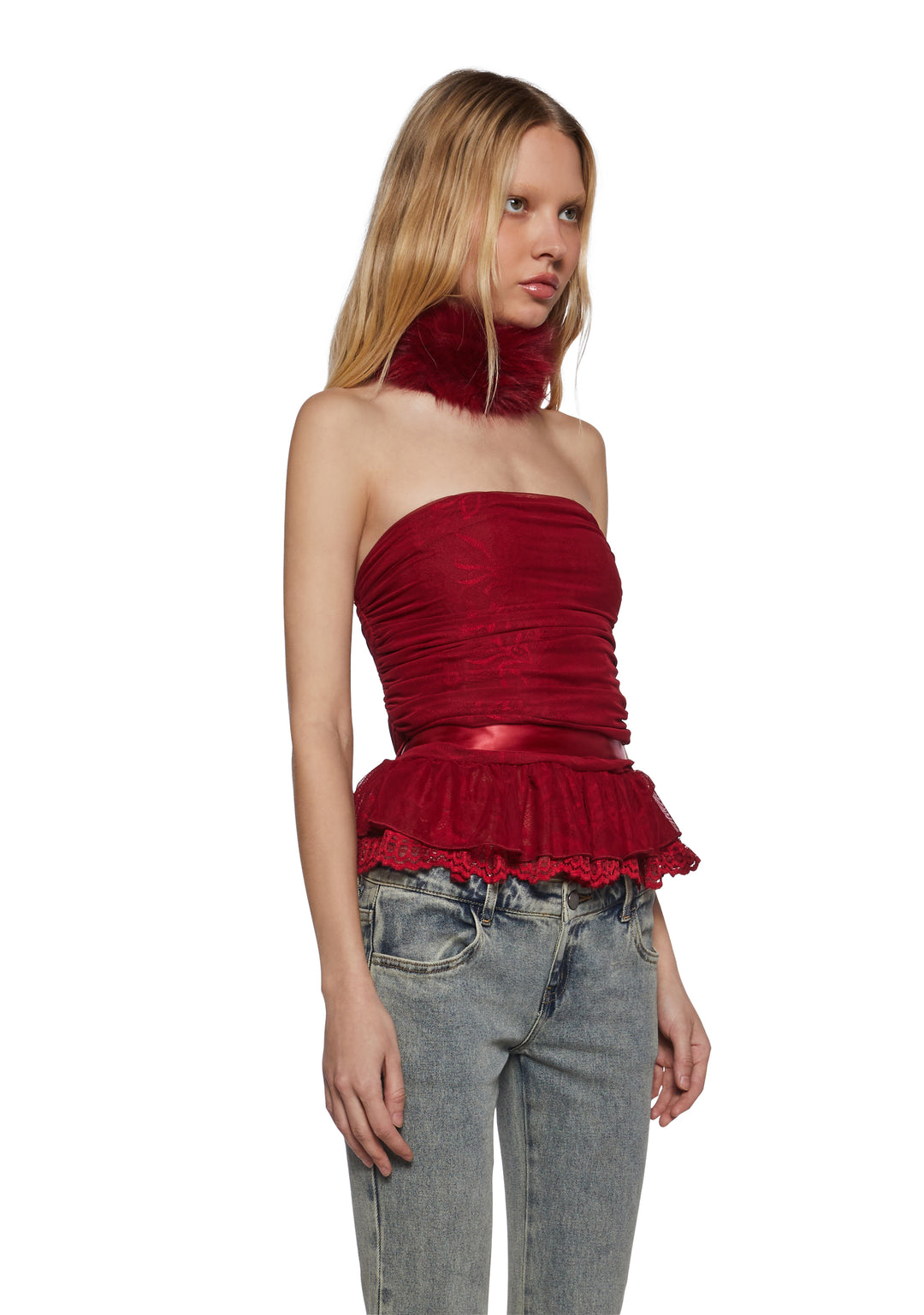 Womens Mesh Lace Corset Strapless Top Current Mood - Red - Image 3