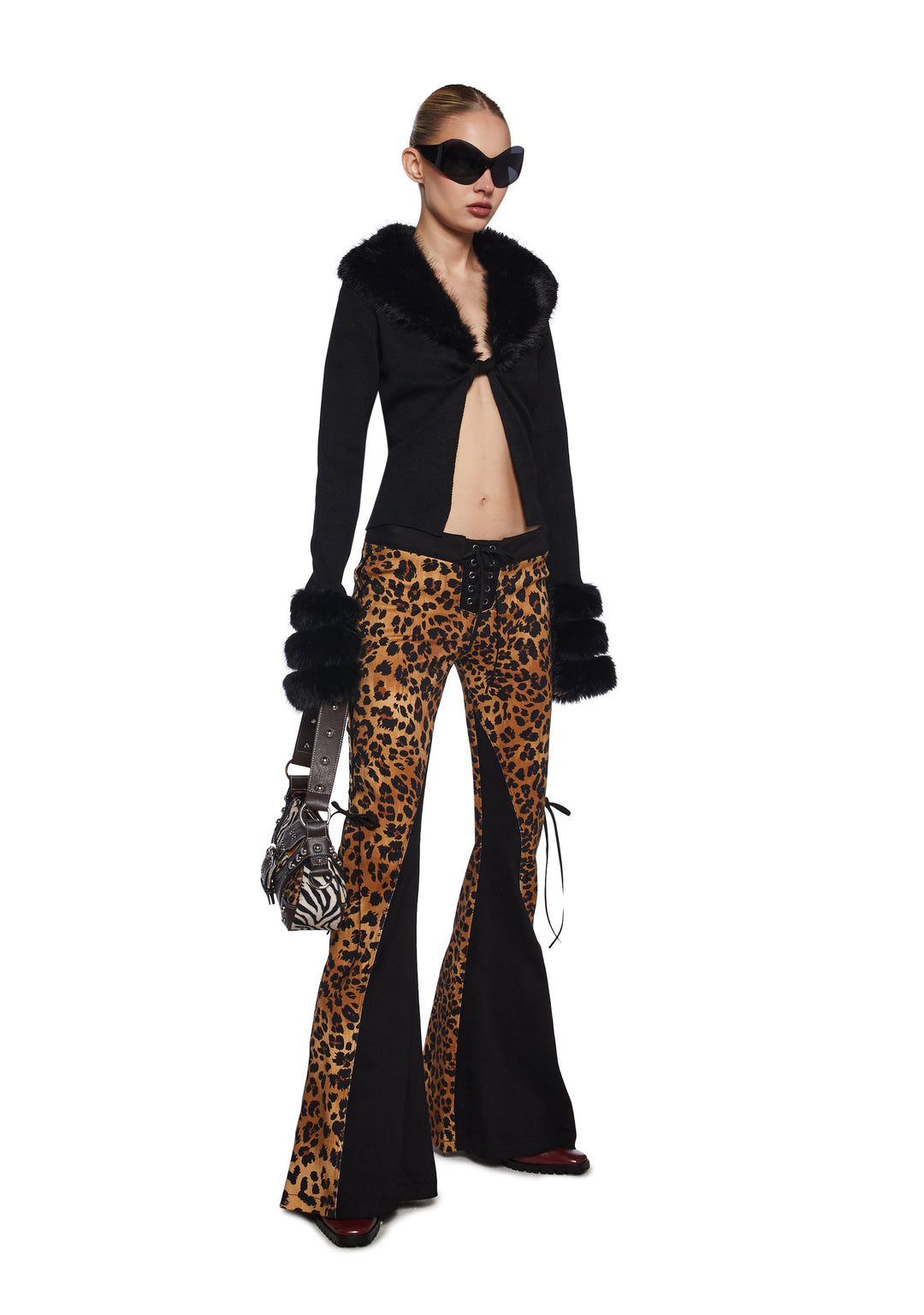 Stretchy Knit Faux Fur Open Twisted Front Cardigan Current Mood - Black - Image 2