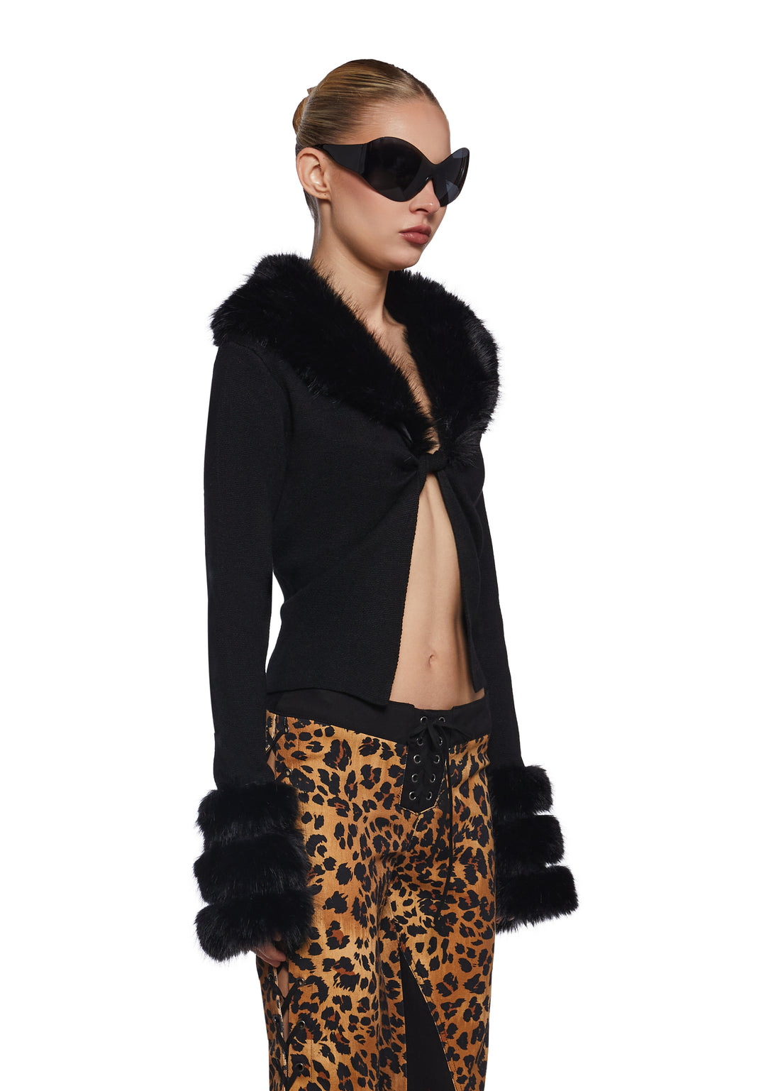 Stretchy Knit Faux Fur Open Twisted Front Cardigan Current Mood - Black - Image 3