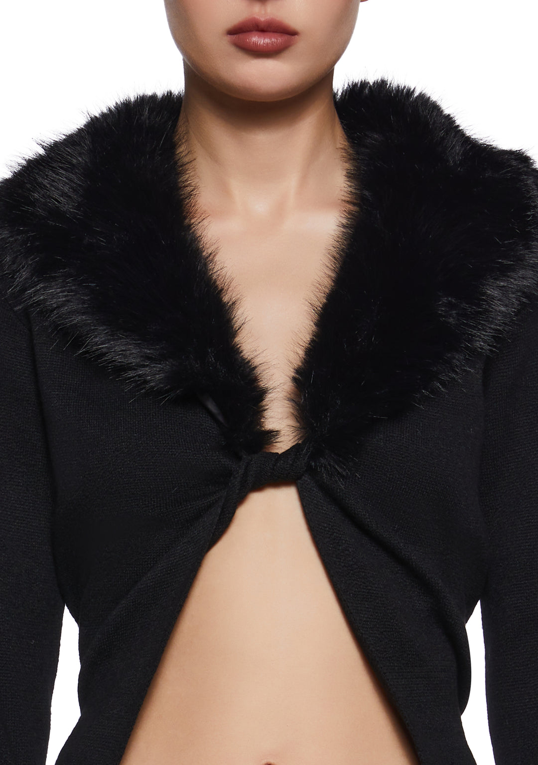 Stretchy Knit Faux Fur Open Twisted Front Cardigan Current Mood - Black - Image 5