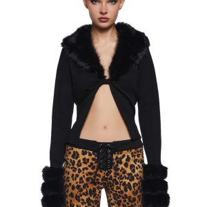 Stretchy Knit Faux Fur Open Twisted Front Cardigan Current Mood - Black