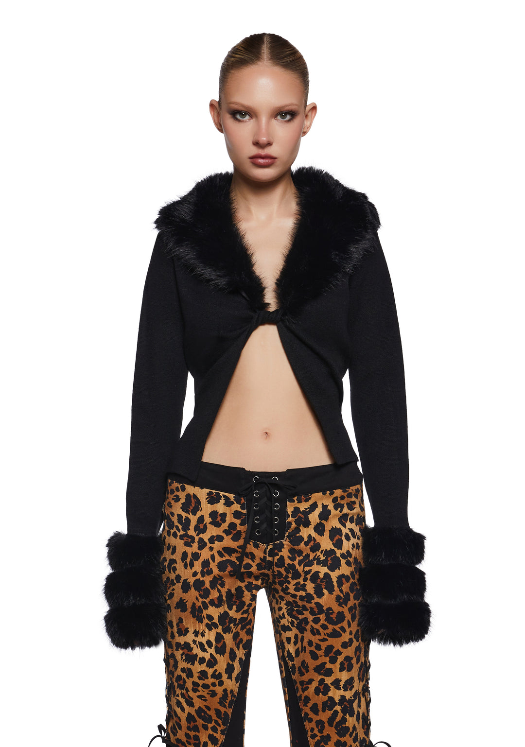 Stretchy Knit Faux Fur Open Twisted Front Cardigan Current Mood - Black