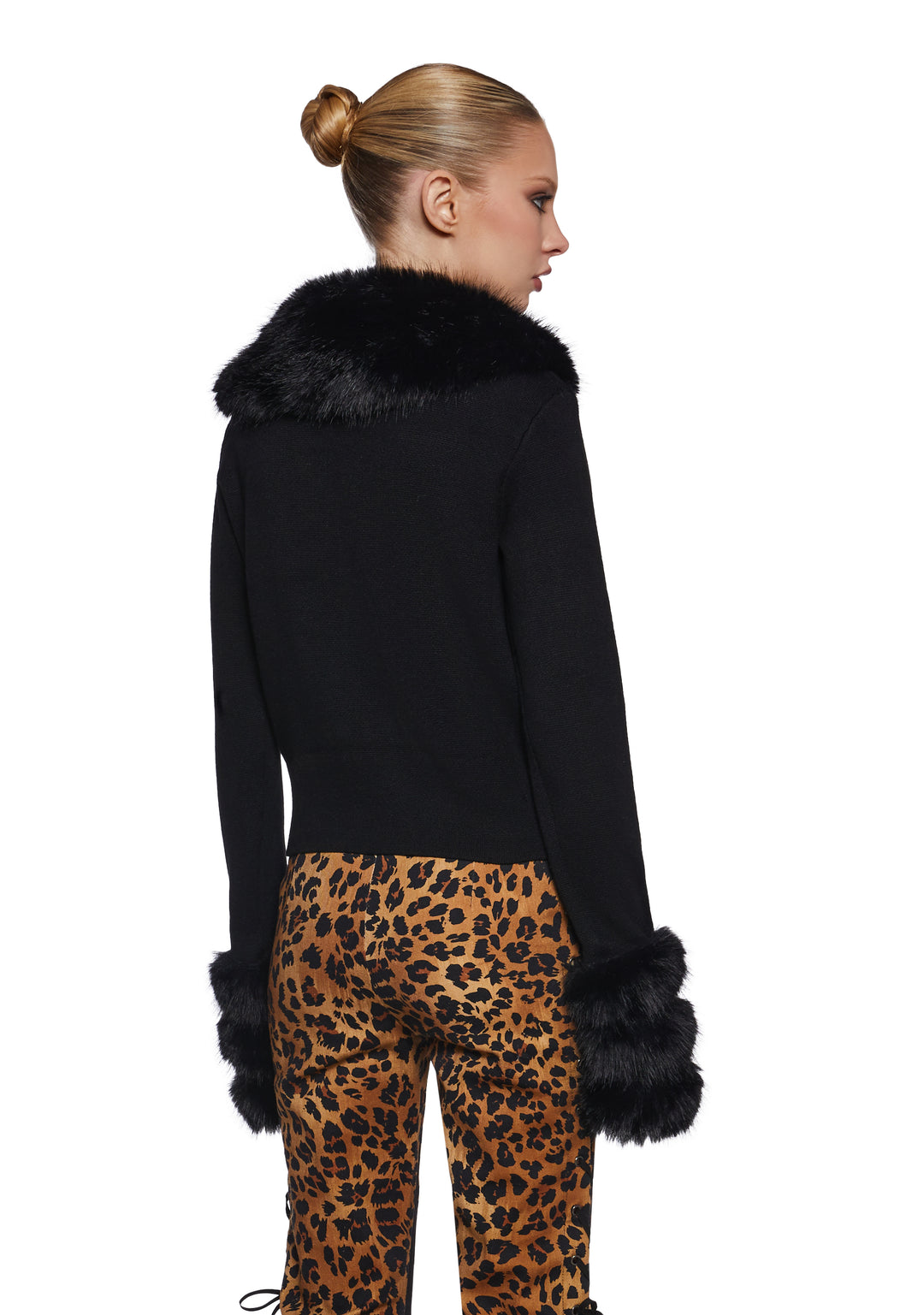 Stretchy Knit Faux Fur Open Twisted Front Cardigan Current Mood - Black - Image 4