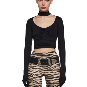 Womens Ruched Long Sleeve Top With Gloves Current Mood - Black