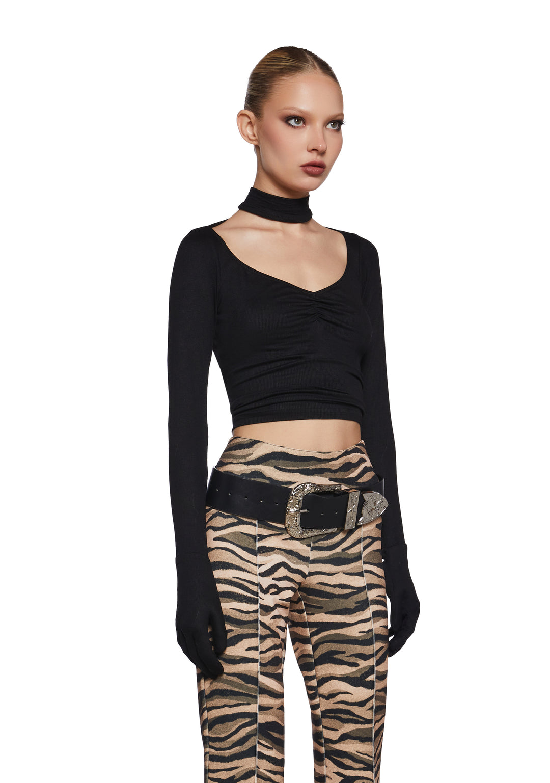 Womens Ruched Long Sleeve Top With Gloves Current Mood - Black - Image 3