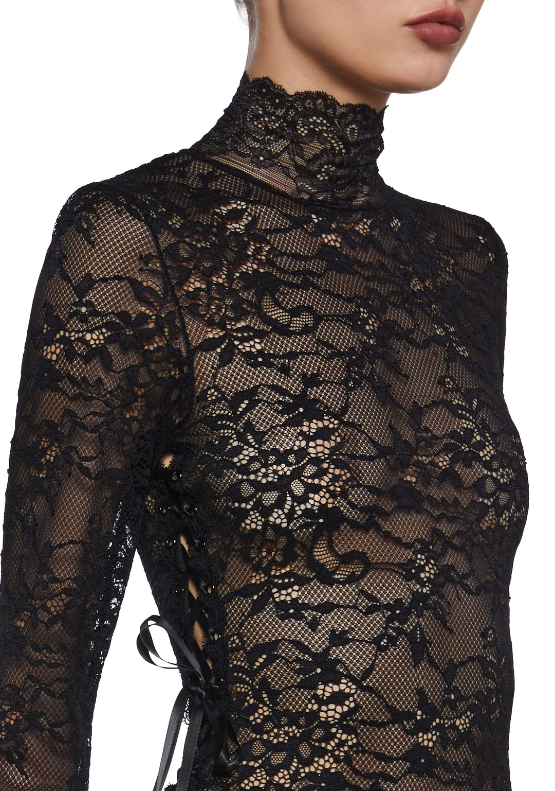 Sheer Floral Lace Mock Neck Long Sleeve Bodysuit Current Mood - Black - Image 6