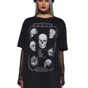 Womens Sexy Anatomy Of A Skull Graphic Oversized Tee - Black