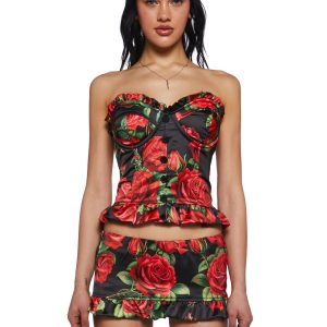 Womens Satin Floral Ruffled Lace-Up Corset Top Sugar Thrillz - Black/Red