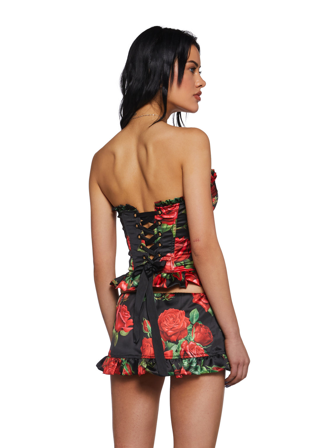 Womens Satin Floral Ruffled Lace-Up Corset Top Sugar Thrillz - Black/Red - Image 4