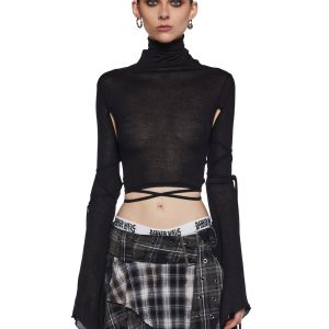 Sheer Stretchy Cotton Turtleneck Long Sleeve Crop Top Darker Wavs - Black