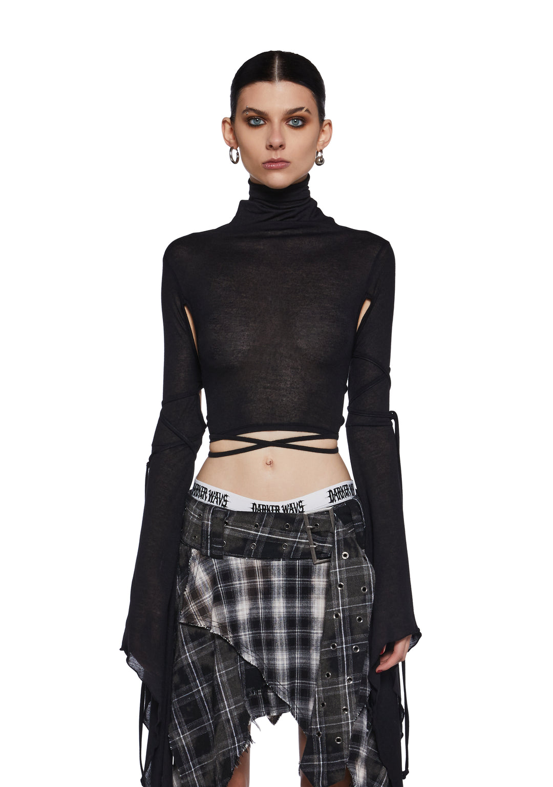 Sheer Stretchy Cotton Turtleneck Long Sleeve Crop Top Darker Wavs - Black