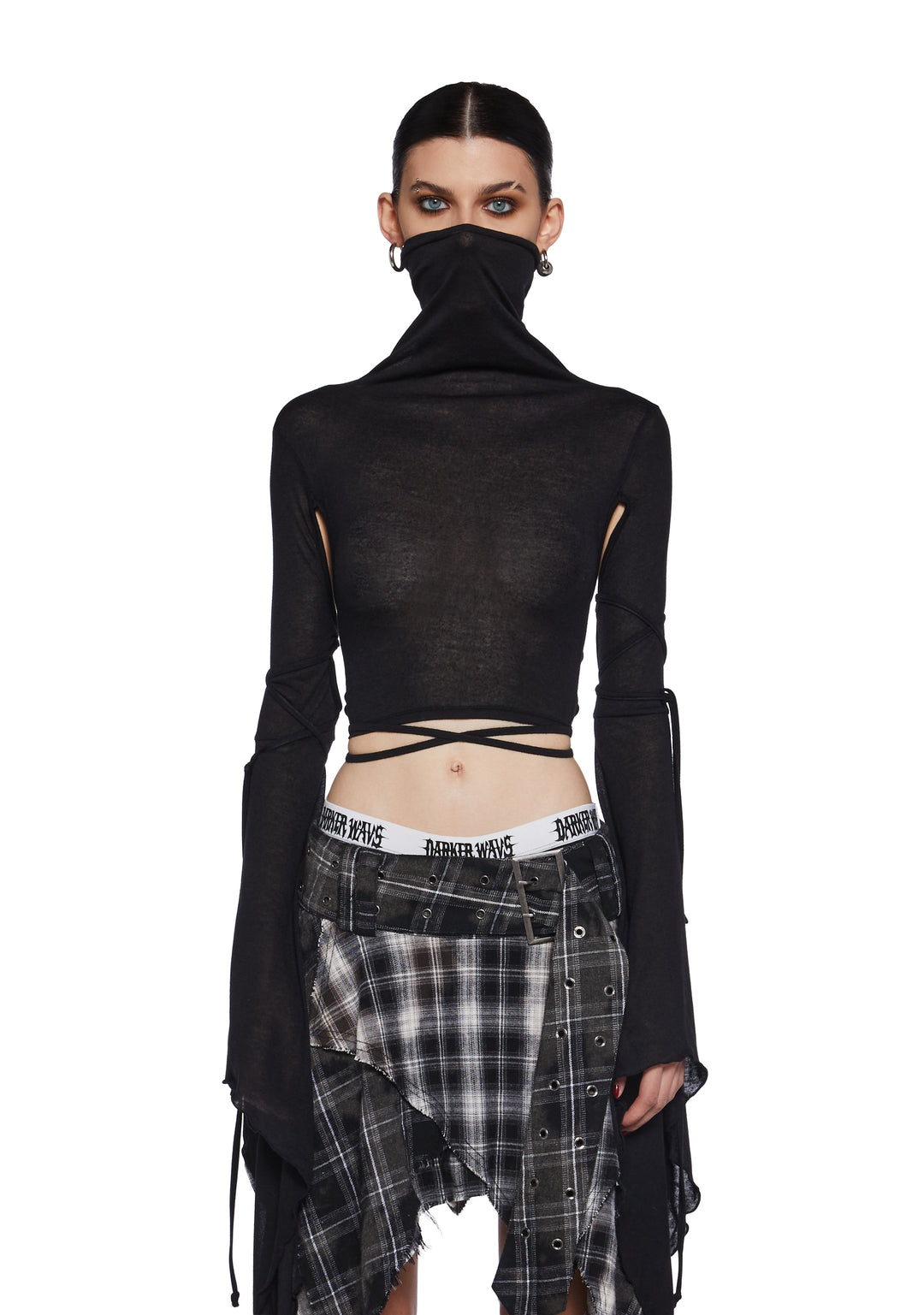Sheer Stretchy Cotton Turtleneck Long Sleeve Crop Top Darker Wavs - Black - Image 5