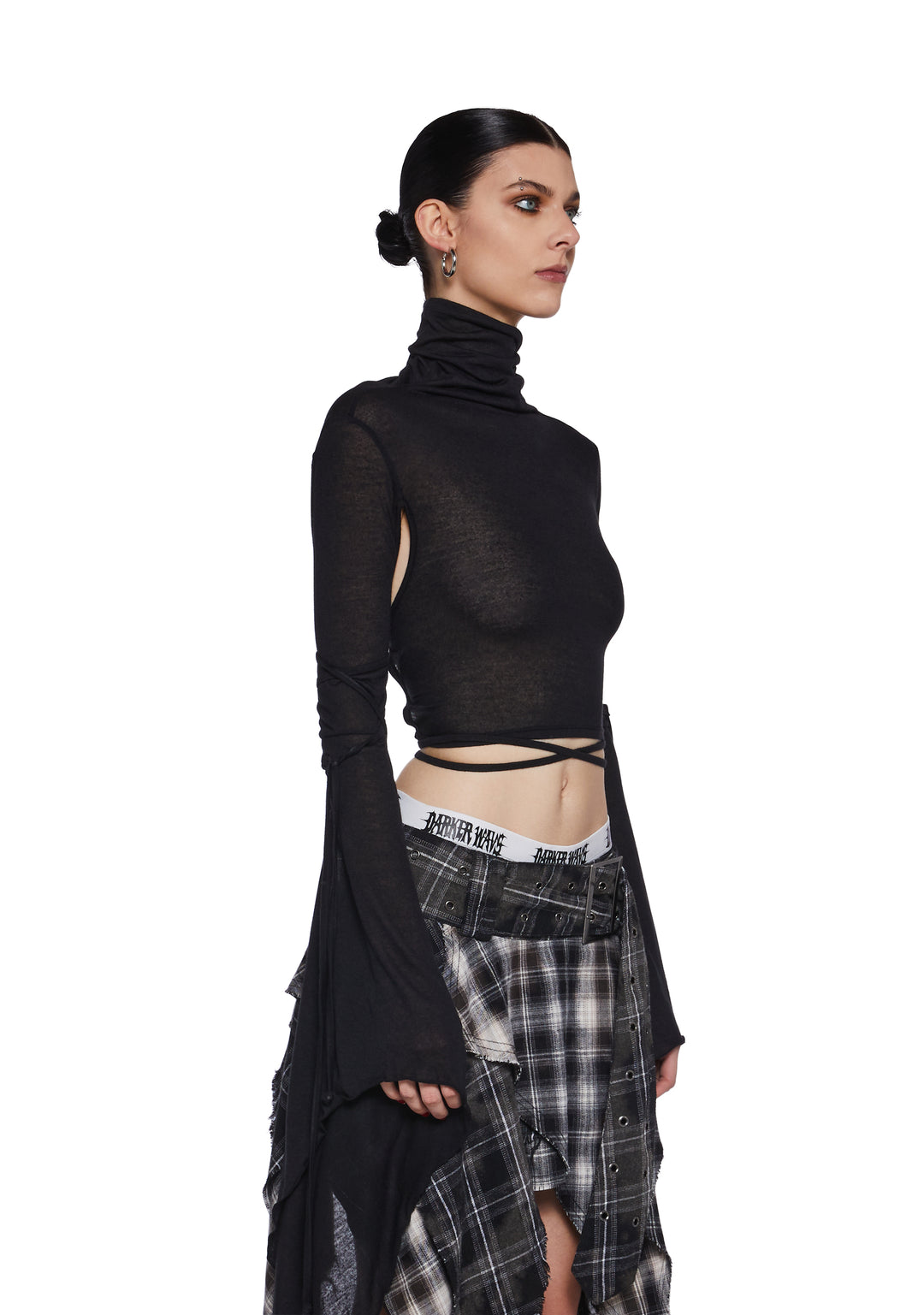 Sheer Stretchy Cotton Turtleneck Long Sleeve Crop Top Darker Wavs - Black - Image 3