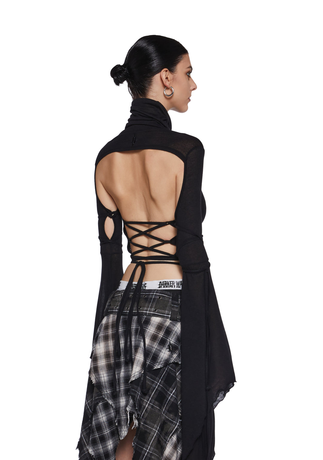 Sheer Stretchy Cotton Turtleneck Long Sleeve Crop Top Darker Wavs - Black - Image 4