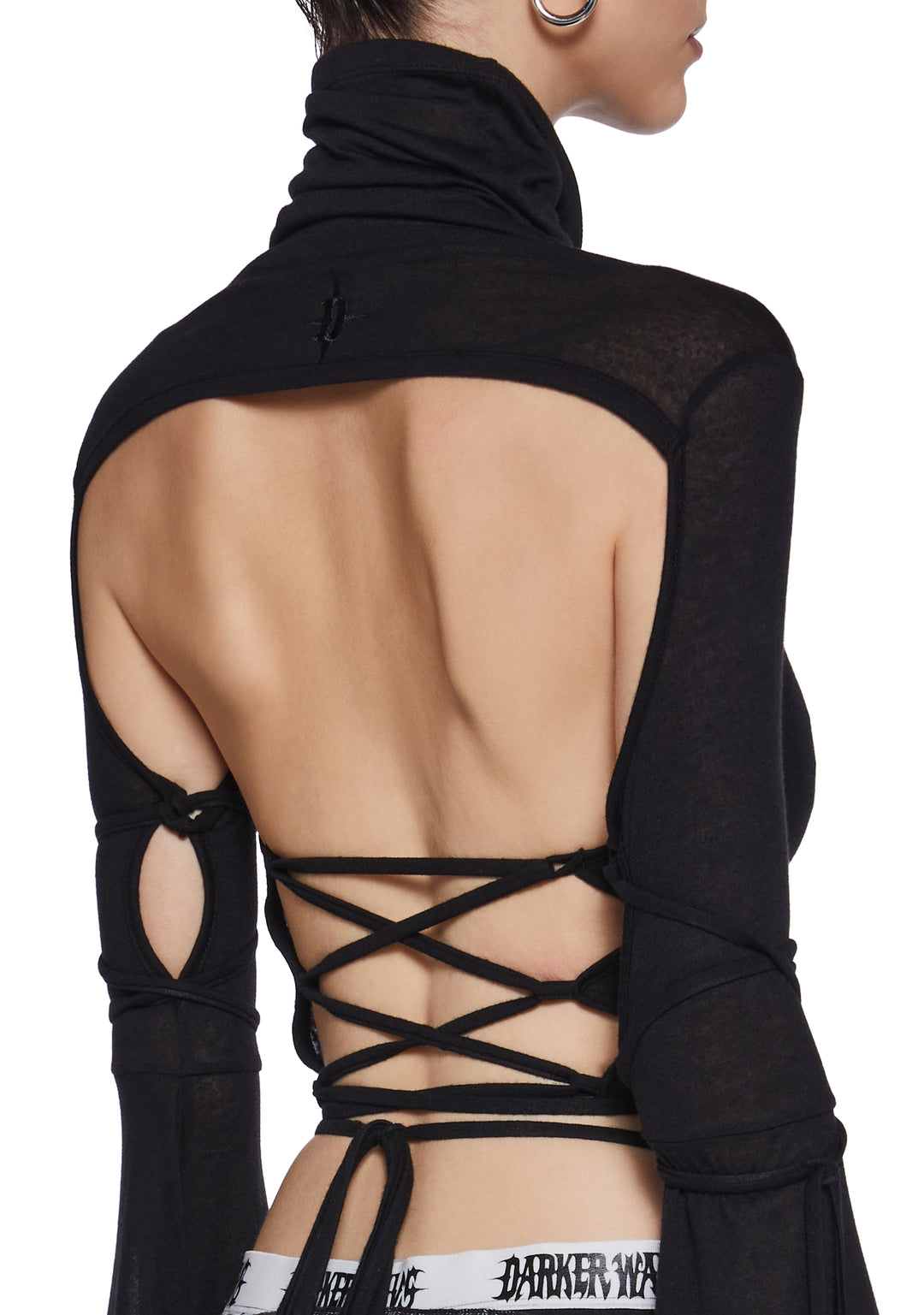 Sheer Stretchy Cotton Turtleneck Long Sleeve Crop Top Darker Wavs - Black - Image 6